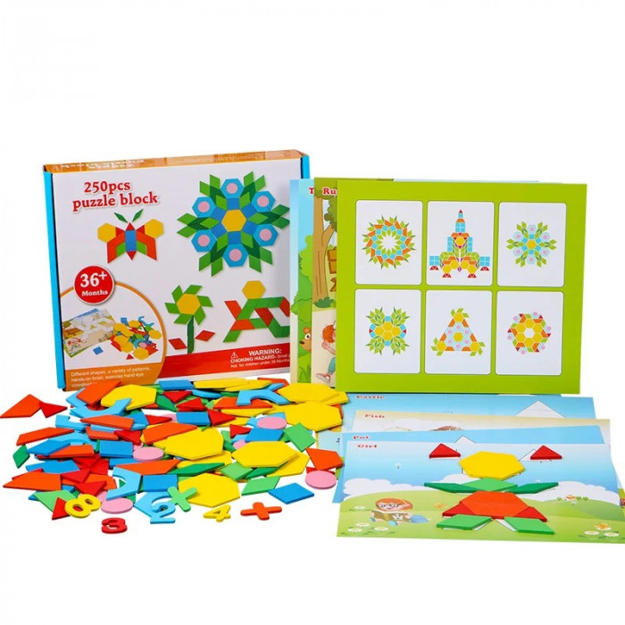 Tangram din lemn cu 250 piese, 7Toys