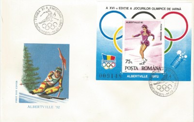 *Romania, LP 1275/1992, J.O. de Iarna, Albertville, colita dantelata, FDC foto