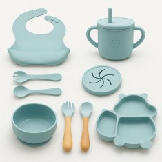 Accesorii diversificare bebelusi 10 piese, silicon alimentar, bol si farfurie cu ventuza, baveta, cana gustari, tacamuri lemn si silicon, baby blue foto