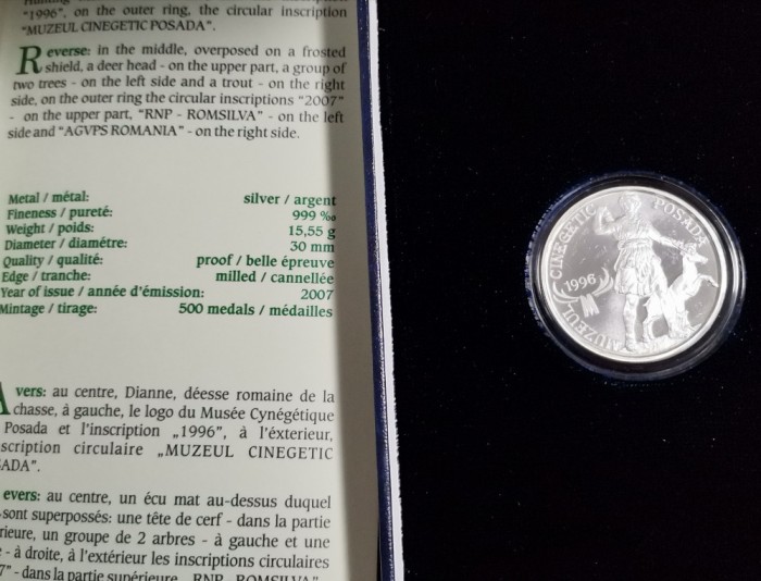 SV * BNR * MUZEUL CINEGETIC POSADA * 2007 * ARGINT * PROOF * Tiraj = 500 piese !