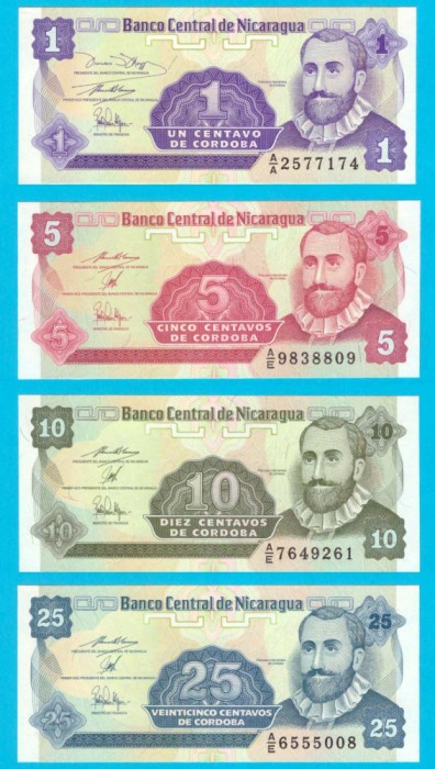 Nicaragua Set 4x (p#167-170) 1+5+10+25 Centavos 1991 UNC &#039;Sacuanjoche&#039;
