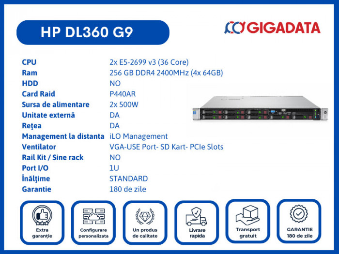 HP DL360 G9 2x E5 2699 v3 256GB P440AR 2x PS Server 6 Luni Garantie