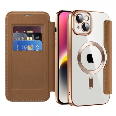Husa MagSafe pentru Apple iPhone 14 Plus, Techsuit, SmartMag Book, Maro foto