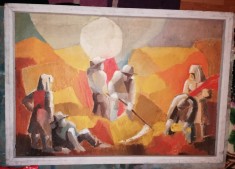 TABLOU VECHI PICTURA PE CARTON NESEMNAT ,ANII 65 - COSASI
