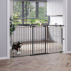 Poartă pentru câini cu 3 panouri PawHut cu sistem dublu de închidere, barieră medie pentru câini pentru scări, uși, holuri, 206x90cm, de culoare negru