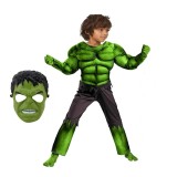 Costum Hulk clasic KidMania&reg; cu muschi pentru baieti 130-140 cm 7-9 ani
