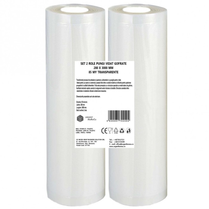 Set 2 role pungi vidat gofrate, dimensiuni 280x3000 mm, transparente, grosime 85 microni, preparare sau depozitare Sous Vide
