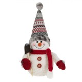 Figurina decorativă Crăciun, Om de zăpadă, Căciulă gri, Fular roșu, 47 cm, Poliester, Oem