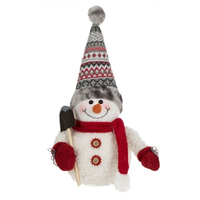 Figurina decorativă Crăciun, Om de zăpadă, Căciulă gri, Fular roșu, 47 cm, Poliester foto