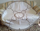 Fata de masa Vintage din bumbac cu broderie manuala Madeira si insertii de dantela croset- BEJ