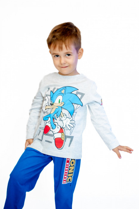 Pijama copii, cu maneca si pantalon lung, Sonic, 100% Bumbac, Gri Albastru