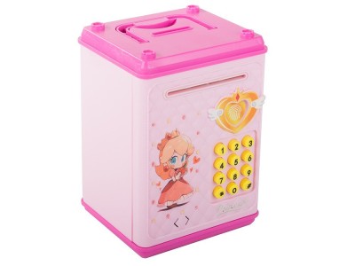 Pusculita pentru copii, tip seif, cu cod PIN, plastic, 18.5 x 13 x 11 cm, roz foto