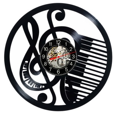 Ceas de perete decorativ realizat din disc de vinil, Model Cheia Sol Pian Muzica Note Portativ, Negru, 30 cm foto