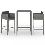 Set mobilier bar de gradina, cu perne, 3 piese, gri, poliratan