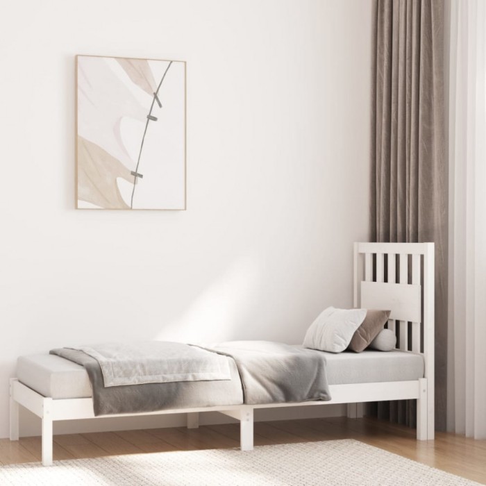 Cadru de pat mic single, alb, 75x190 cm, lemn masiv de pin