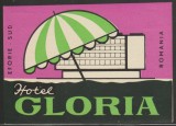 Romania anii 70 - Vigneta de bagaje Hotel GLORIA (tip 1) din Eforie Sud, ONT Carpati, eticheta hoteliera, promovare turistica Litoral