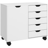 HOMCOM Dulap Lateral cu 5 Sertare, Dulap cu Raft Reglabil, Mobilier pentru Birou pe Roți, Suport pentru Imprimantă pentru Biroul de Acasă, Alb | Aosom