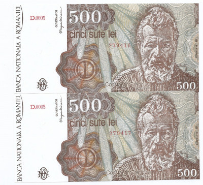 Romania 2 buc X 500 lei 1991 Ianuarie - C. Brancusi, 279416/17. P-98a - UNC !!! foto