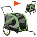PawHut Remorcă pentru Bicicletă 2 &icirc;n 1 Cărucior pentru Animale Pliabil cu Centură de Siguranță Reflectoare Verde | Aosom Romania