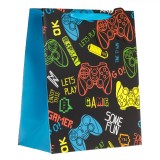 Sacosa Cadou, Model Game, Negru/Albastru, 26x14x32cm, Manere Satinate Albastre