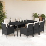 VidaXL Set mobilier de grădină cu perne, 9 piese, negru, poliratan
