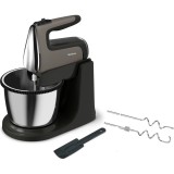 Mixer cu bol Tefal PowerMix Silence HT654E38, 600 W, rotire automata a bolului, functie turbo, 2 teluri inox, 2 carlige inox, spatula, argintiu/negru