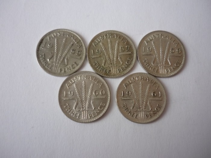 3 THREE PENCE 1955 ; 1957 ; 1959 ; 1960 ; 1961 . LOT ARGINT