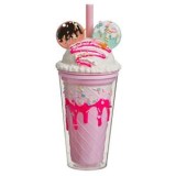 Pahar din plastic cu capac si pai, 450 ml, roz, model granita si biscuiti, CMCLASS