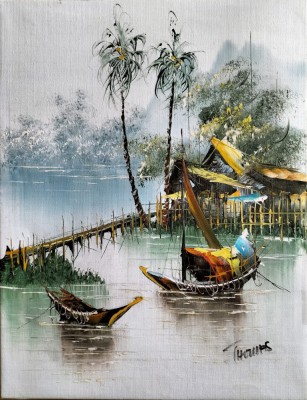 Peisaj tropical cu bărci, pictură pe p&amp;acirc;nză semnată foto