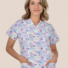 Bluza Medicala Dama Cu Inimioare Mov Poplin 140g Bambina - L