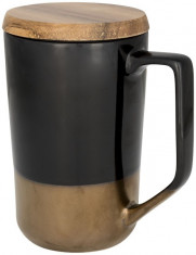 Cana de cafea/ceai, 470 ml, cu capac din lemn, Everestus, TE, ceramica si lemn, negru, saculet de calatorie inclus foto
