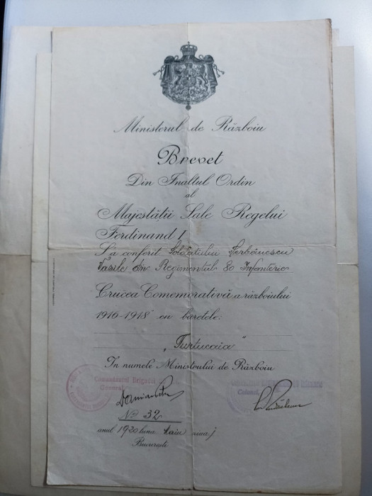 Brevet pt Crucea Comemorativa 1916 - 1918 WW1 cu bareta rara TURTUCAIA .