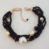 Cumpara ieftin Bratara Mystique agat negru &amp; perle, argint 925 placat aur roz, 5 siraguri, 19-24cm, reglabila, handmade Made in Italy