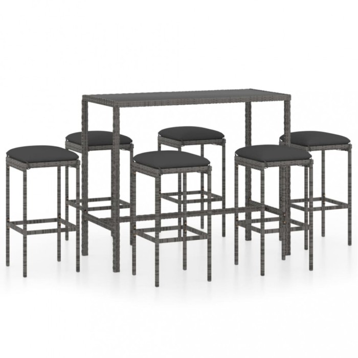 vidaXL Set mobilier bar de grădină cu perne, 7 piese, gri, poliratan