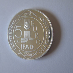 Rara! Italia 5 Euro 2008 Proof/UNC argint 925 30 ani IFAD,diam=32 mm,gr=18 grame