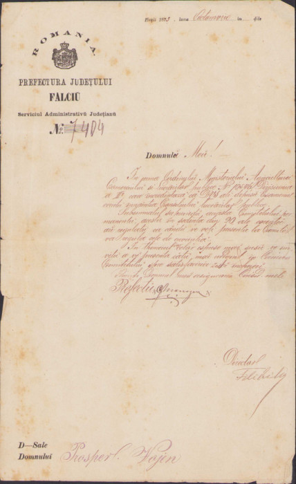 HST 241S Act 1873 semnat olograf prefect Fălciu circulat poștal