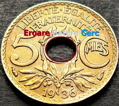 Moneda istorica 5 CENTIMES - FRANTA, anul 1936 *cod 368 = A.UNC + EROARE foto