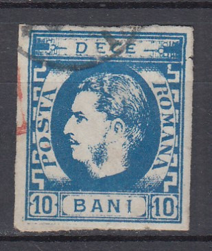 ROMANIA 1869 LP 26 CAROL I CU FAVORITI VALOAREA 10 BANI ALBASTRU STAMPILAT