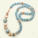 Cumpara ieftin Colier perle de cultura si acvamarin multicolor, argint 925 placat aur roz, 80cm. Bijuterie handmade Made in Italy