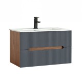 Dulap baie Leziter Trent 80cm, MDF, 2 sertare soft-close, Stejar Sunset - Gri Antracit, cu chiuveta ceramica alba, suspendat