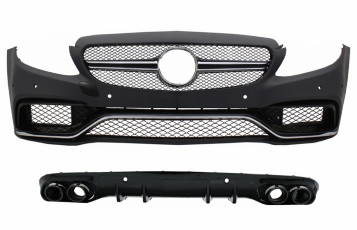 Bara Fata cu Grile si Difuzor Spate cu Ornamente Cromate Mercedes C-Class C205 A205 Coupe Cabiolet (2014-2019) C63 Design Performance AutoTuning