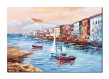 Cumpara ieftin Tablou pictat manual, Apus de soare cu barci, 100x70cm ulei pe panza in cutit efect 3D, Magistral