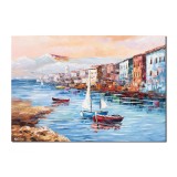 Tablou pictat manual, Apus de soare cu barci, 100x70cm ulei pe panza in cutit efect 3D, Magistral