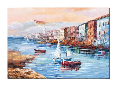 Tablou pictat manual, Apus de soare cu barci si iole, 100x70cm ulei pe panza in cutit efect 3D, Valentin Pop foto