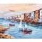 Tablou pictat manual, Apus de soare cu barci si iole, 100x70cm ulei pe panza in cutit efect 3D, Valentin Pop