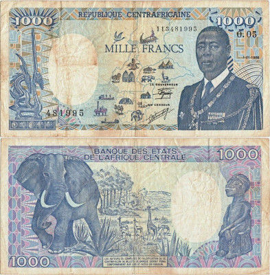 1988 (1 I), 1.000 francs (P-16a.3) - Republica Centrafricană! foto