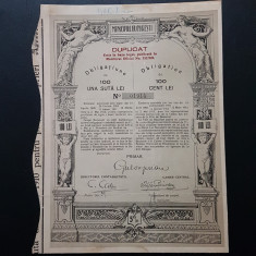 Obligatiune 100 lei 1910 Bucuresti , titlu duplicat , tema actiuni , acte vechi