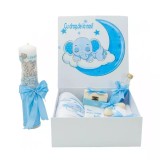 Cumpara ieftin Set Cutie Trusou cu Lumanare, 9 Piese &quot;Cu drag de la nasi&quot; - Luna Elefant, Bleu - TB203