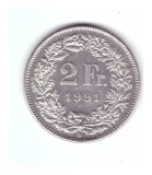 Moneda Elvetia 2 francs/franci 1991, stare foarte buna, curata, Europa, Cupru-Nichel