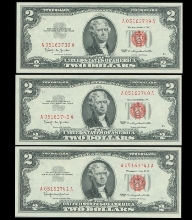 $2 Dollars 1963 United States Note Red Seal CH/GEM UNC Consecutive